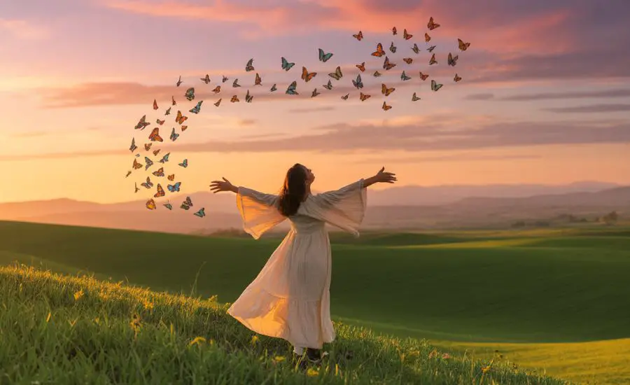 🖼️ Imagen sugerida para este H2: Mujer sobre una colina con los brazos abiertos, envuelta en un vestido fluido, con mariposas alrededor. Estética de libertad y expansión.