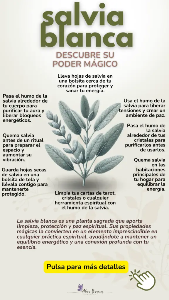 Descubre la magia de la salvia blanca: una planta sagrada para limpiar energías negativas, proteger tu espacio y conectar con lo divino. Aprende cómo usarla en rituales de purificación, meditación y renovación espiritual. ¡Eleva tus vibraciones con su poder ancestral! #SalviaBlanca #LimpiezaEnergética #ProtecciónEspiritual #MagiaNatural #RitualesEspirituales