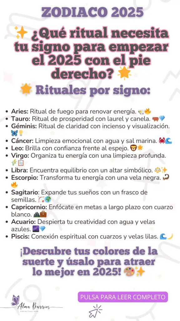 ¿Qué ritual necesita tu signo para empezar el 2025 con el pie derecho? Descubre el ritual perfecto para atraer buenas vibras y alinear tu energía con el universo. ¡Empieza el año con fuerza! #RitualesAstrológicos #Zodiaco2025 #RitualesDeEnergía #Astrología #SignosDelZodiaco