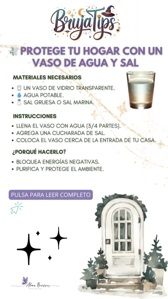 Descubre cómo proteger tu hogar y llenarlo de energía positiva con este sencillo ritual del vaso de agua y sal.  Bloquea las malas vibras y crea un ambiente de paz y armonía. Perfecto para mantener tu espacio libre de energías negativas. #BrujaTips #EnergíaPositiva #ProtecciónHogar #RitualesFáciles #MagiaCotidiana