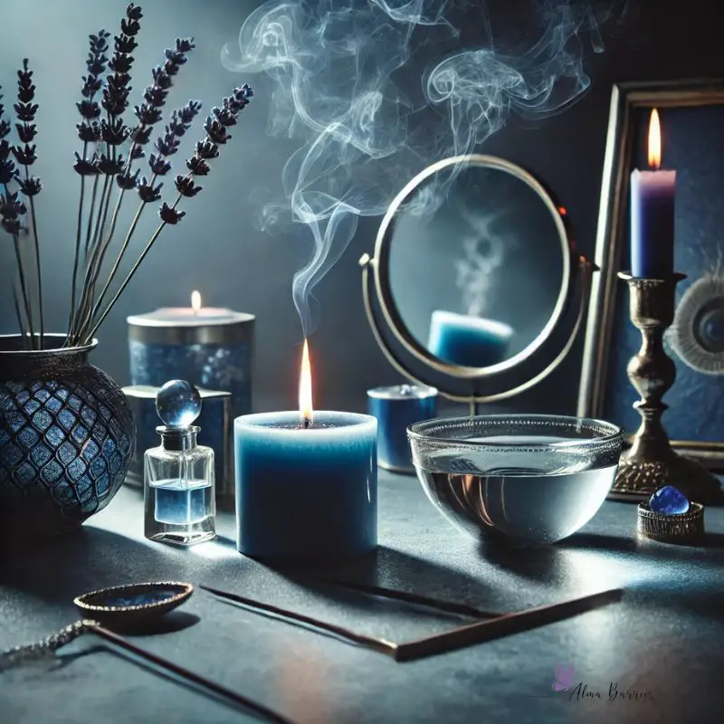 Una mesa sencilla y moderna decorada para un ritual: en el centro, una vela blanca encendida en un portavelas elegante, junto a un pequeño cuarzo transparente y una hoja de papel con palabras escritas en caligrafía suave. Alrededor, una atmósfera mística creada con un leve resplandor dorado y sombras suaves, mientras un fondo minimalista resalta la sensación de calma y concentración espiritual. El ambiente transmite claridad, enfoque y esperanza
