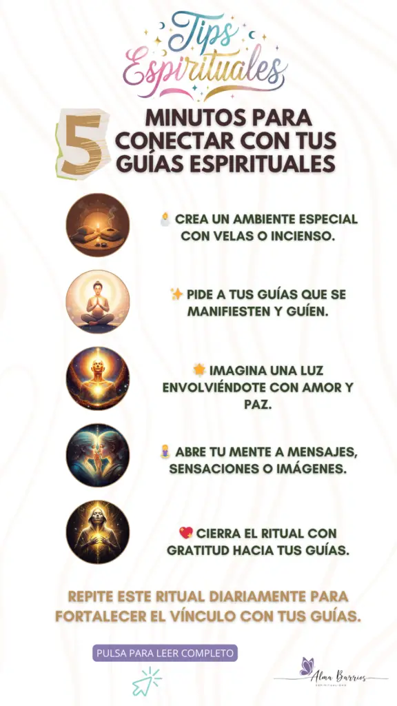 Conecta con tus guías espirituales en solo 5 minutos. Encuentra un espacio tranquilo, visualiza una luz protectora y abre tu corazón para recibir sus mensajes.  Este ritual sencillo te ayudará a encontrar claridad, paz y una conexión más profunda con el universo. #GuíasEspirituales #ConexiónEspiritual #Meditación #EnergíaPositiva #RitualesMágicos