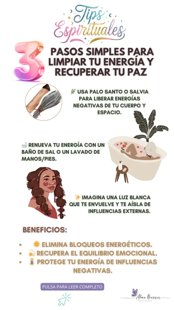 Aprende a limpiar tu energía en 3 simples pasos: purifica con humo sagrado, renueva tu energía con un baño de sal marina y protege tu campo energético visualizando una burbuja de luz.  Una rutina fácil para mantener tu equilibrio y bienestar espiritual. #LimpiezaEnergética #EnergíaPositiva #BrujaTips #BienestarEspiritual #ProtecciónEnergética