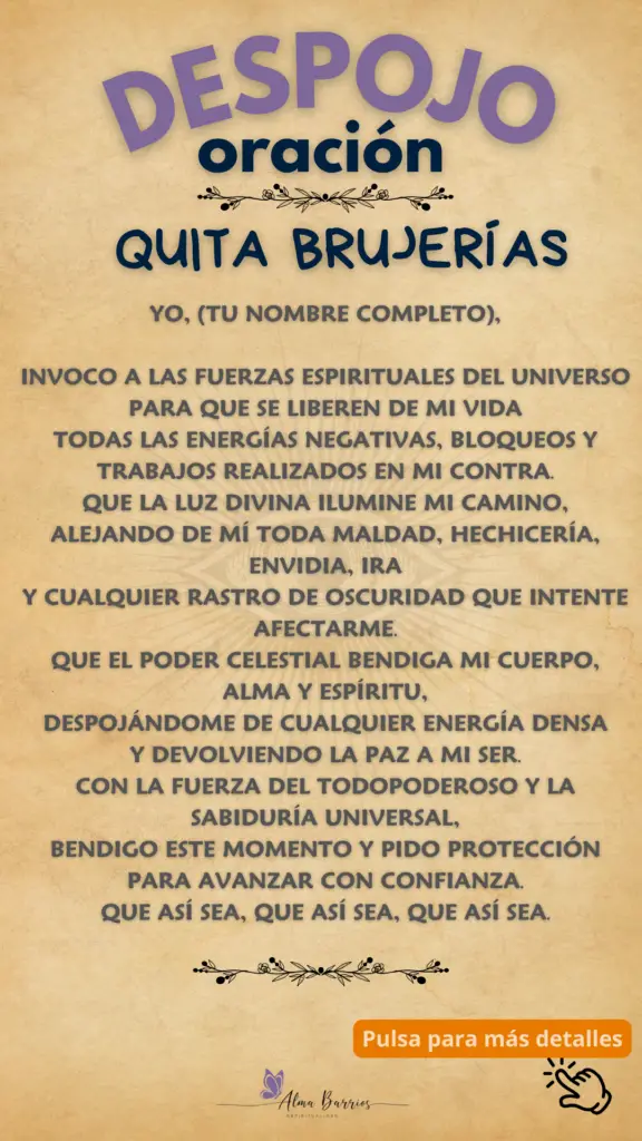 Limpia tu energía y protege tu espacio con esta poderosa oración de despojo. Acompaña la práctica con un ritual sencillo que combina velas, hierbas y sal para eliminar energías negativas y abrir tus caminos. Descubre cómo transformar tu energía espiritual con intención y claridad. #OraciónDeDespojo #LimpiezaEnergética #ProtecciónEspiritual #RitualesEsotéricos #EnergíaPositiva