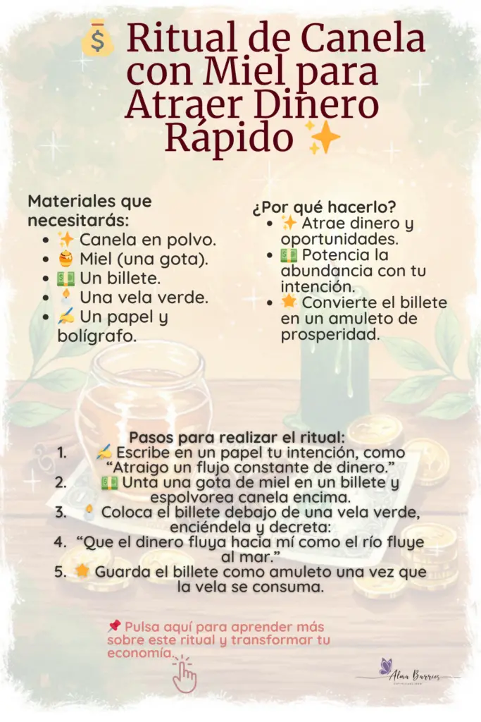 Descubre este poderoso ritual con canela, miel y una vela verde para desbloquear la energía de la abundancia.  Realízalo en minutos para atraer dinero y transformar tu economía. ¡Convierte un billete en tu amuleto de prosperidad!  #RitualDeDinero #CanelaYProsperidad #Abundancia #AtraerDinero #BrujaTips