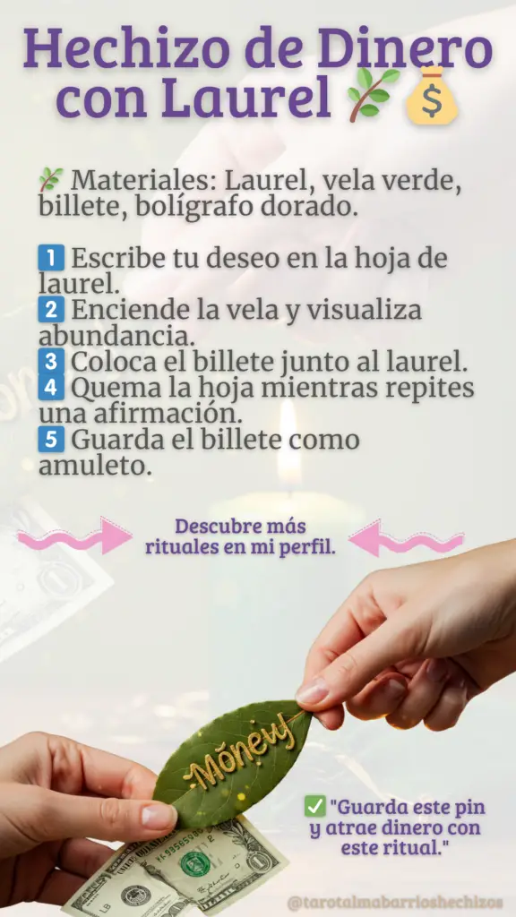 El laurel es una planta poderosa para atraer dinero y prosperidad. Con este sencillo hechizo de abundancia, podrás desbloquear la energía financiera y abrir caminos hacia la riqueza. Aprende cómo usar el laurel, una vela verde y un billete para manifestar dinero en tu vida. Guarda este pin y descubre cómo hacer este ritual mágico. 