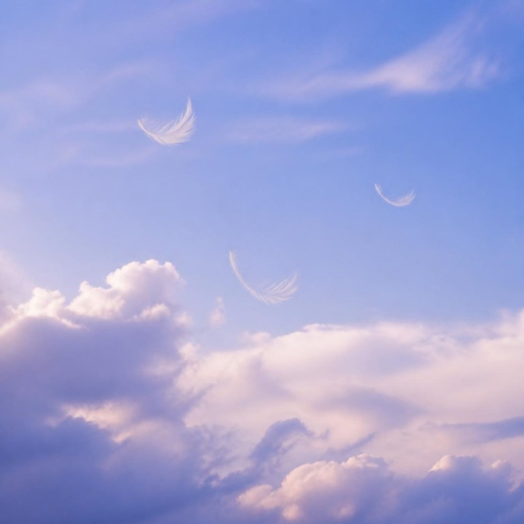 Nubes y plumas en un cielo pastel