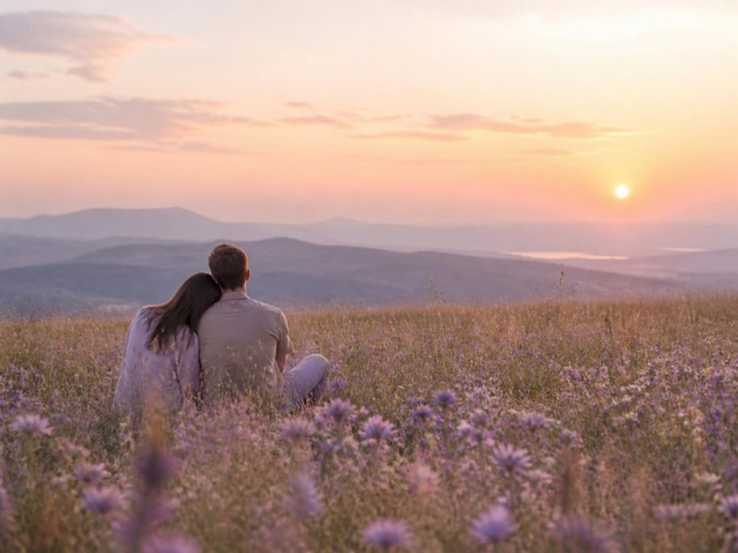Pareja sentada en un campo de flores al amanecer