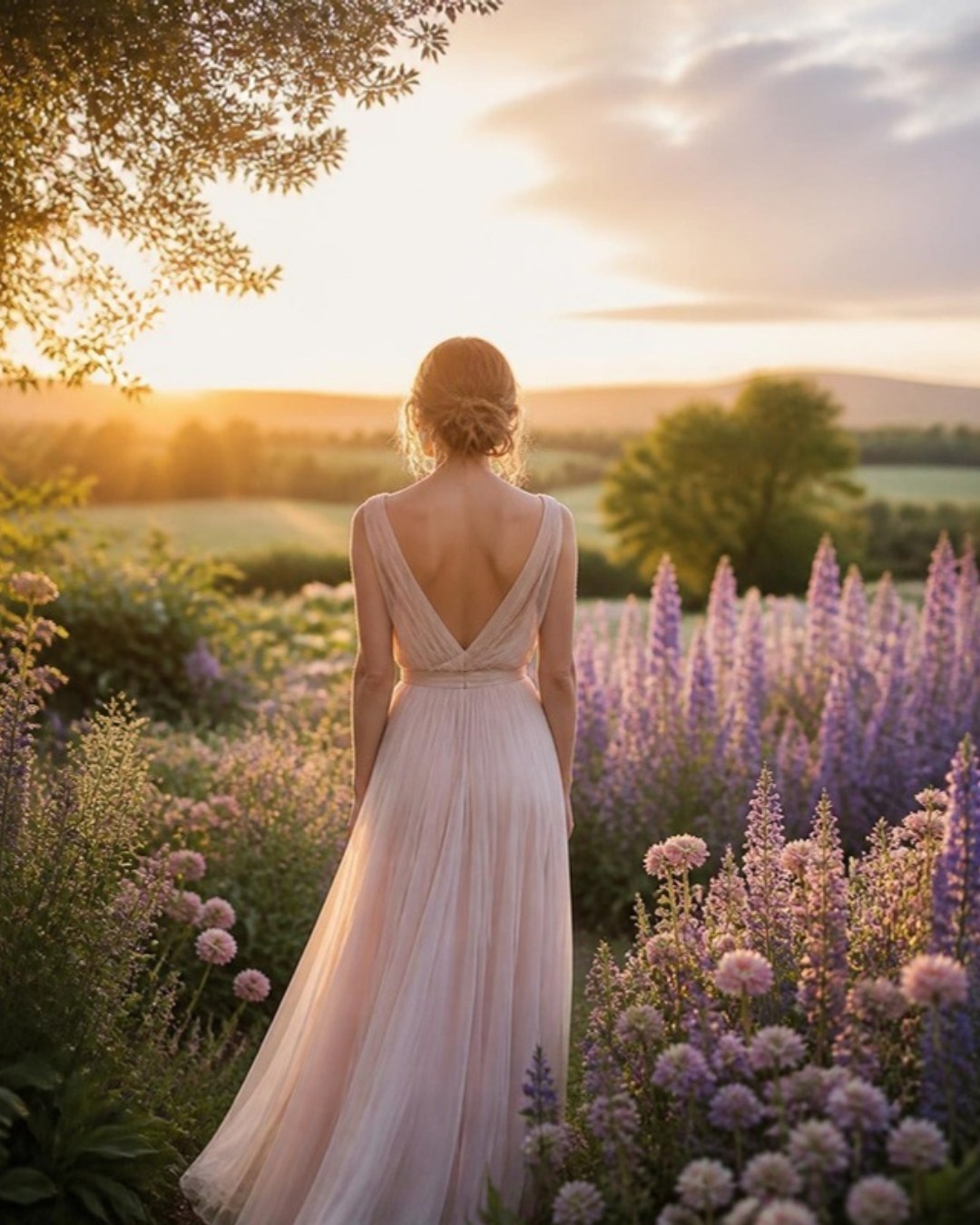 Mujer de espaldas en un jardín al atardecer
