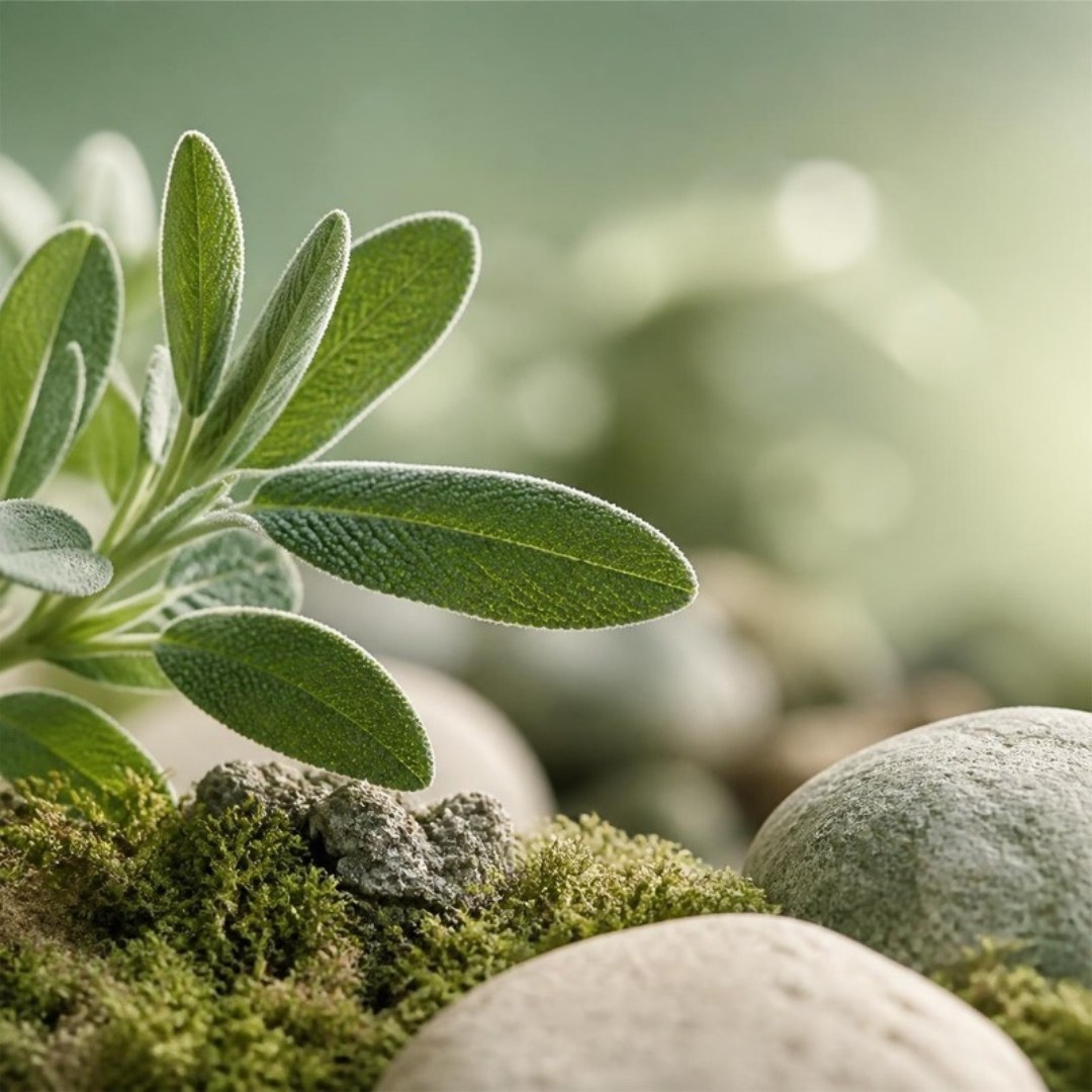 Hojas de salvia sobre musgo y piedras