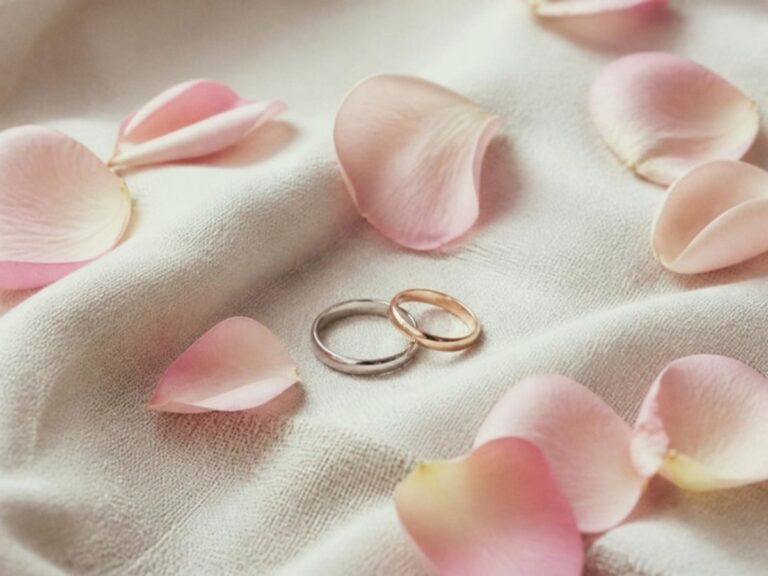 Dos anillos entre pétalos de rosa sobre lino