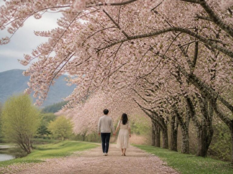 Pareja paseando bajo cerezos en flor