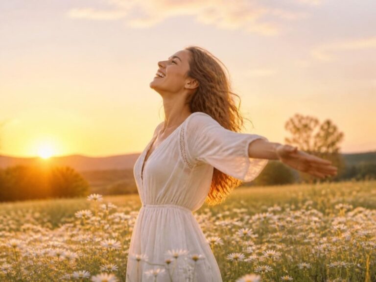 Mujer riendo en un campo de margaritas al atardecer