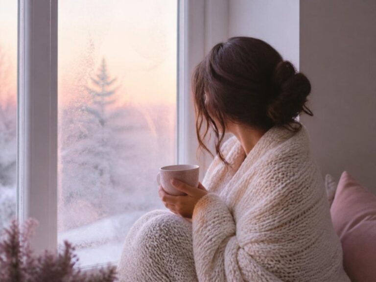 Mujer envuelta en una manta junto a una ventana con una taza