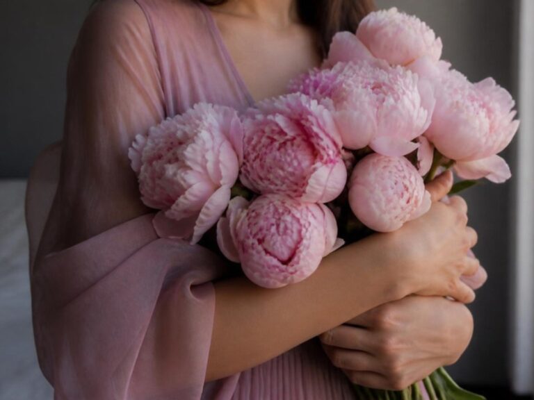 Mujer abrazando un ramo de peonías rosas