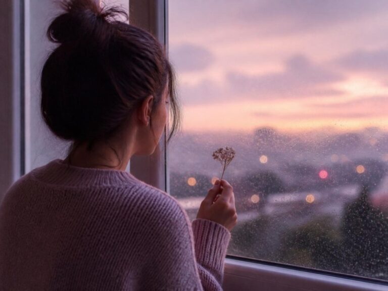 Mujer mirando por una ventana con una flor seca en la mano