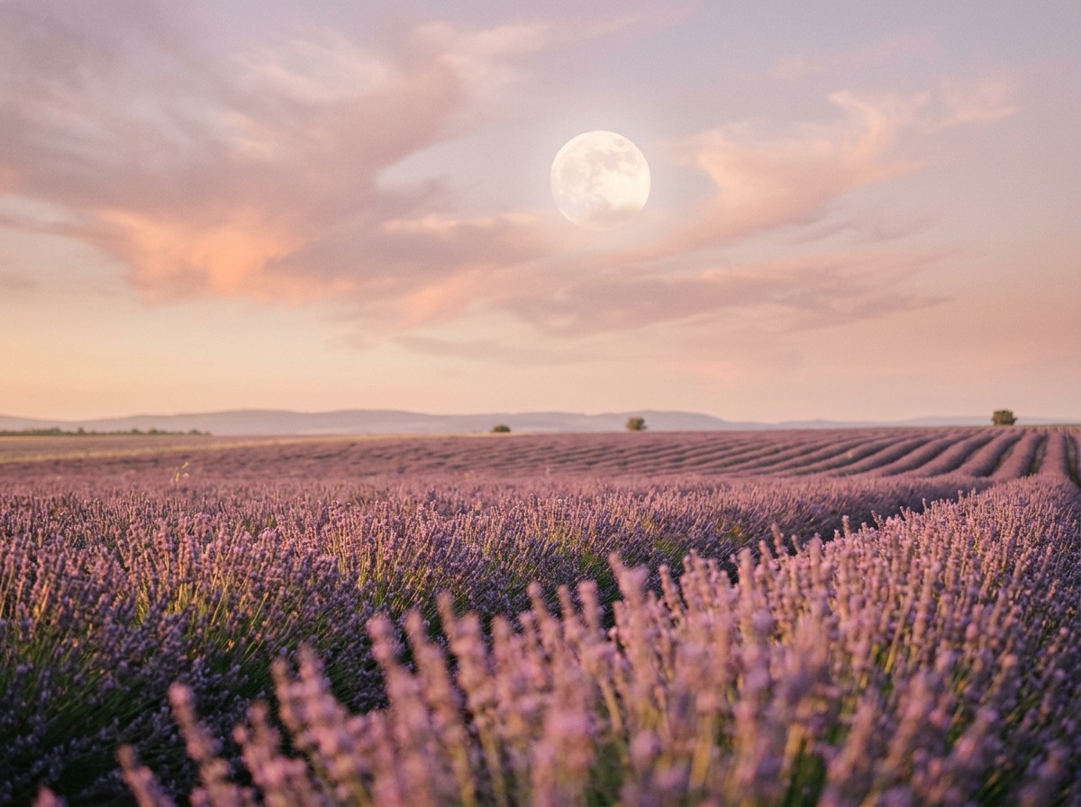 Luna llena brillando entre nubes suaves sobre un campo de lavanda