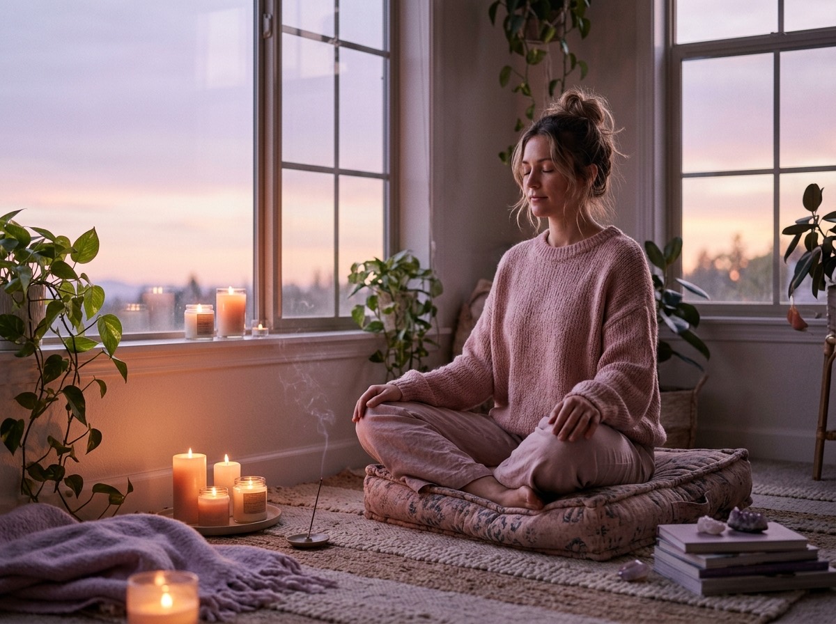 Mujer meditando sentada sobre una alfombra junto a una ventana con velas al anochecer