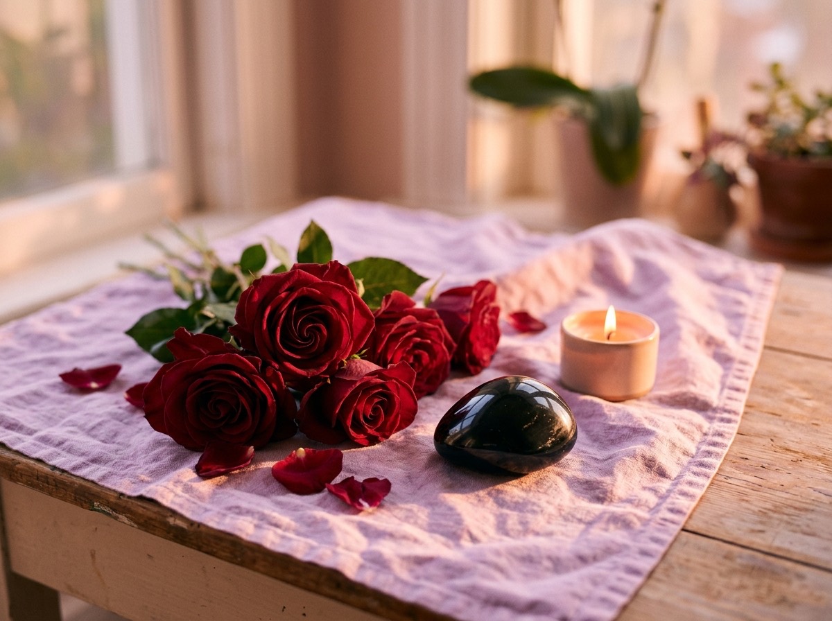 Rosas rojas oscuras y cristal de obsidiana negra sobre lino con una vela