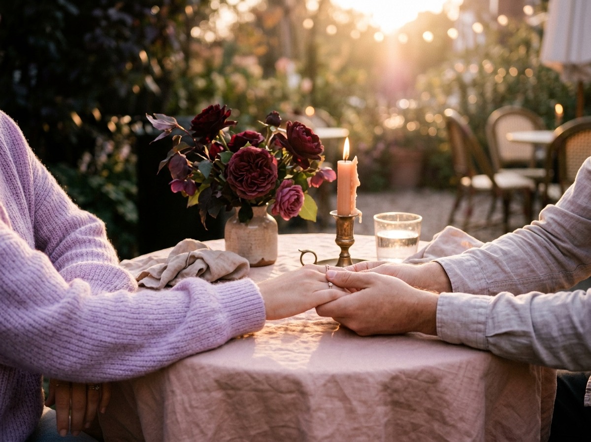 Manos entrelazadas sobre una mesa a la luz de una vela con rosas oscuras