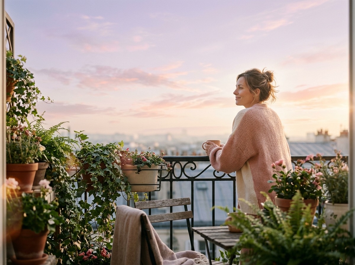 Mujer sonriendo suavemente frente a un cielo rosa desde un balcón con plantas