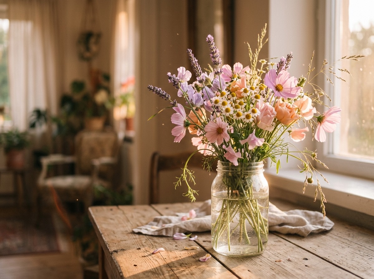 Ramo de flores silvestres en un frasco de cristal sobre una mesa de madera