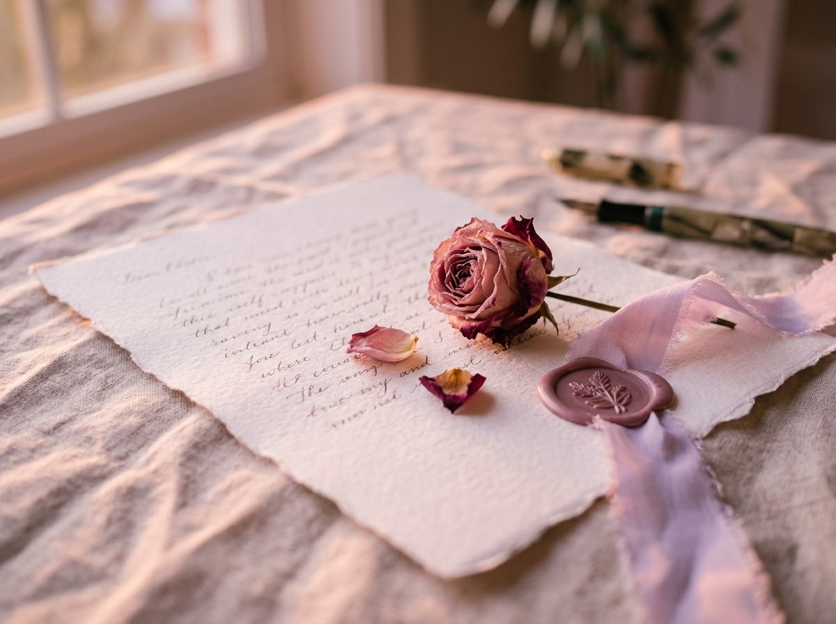 Carta escrita a mano con una rosa seca y un sello de lacre sobre lino