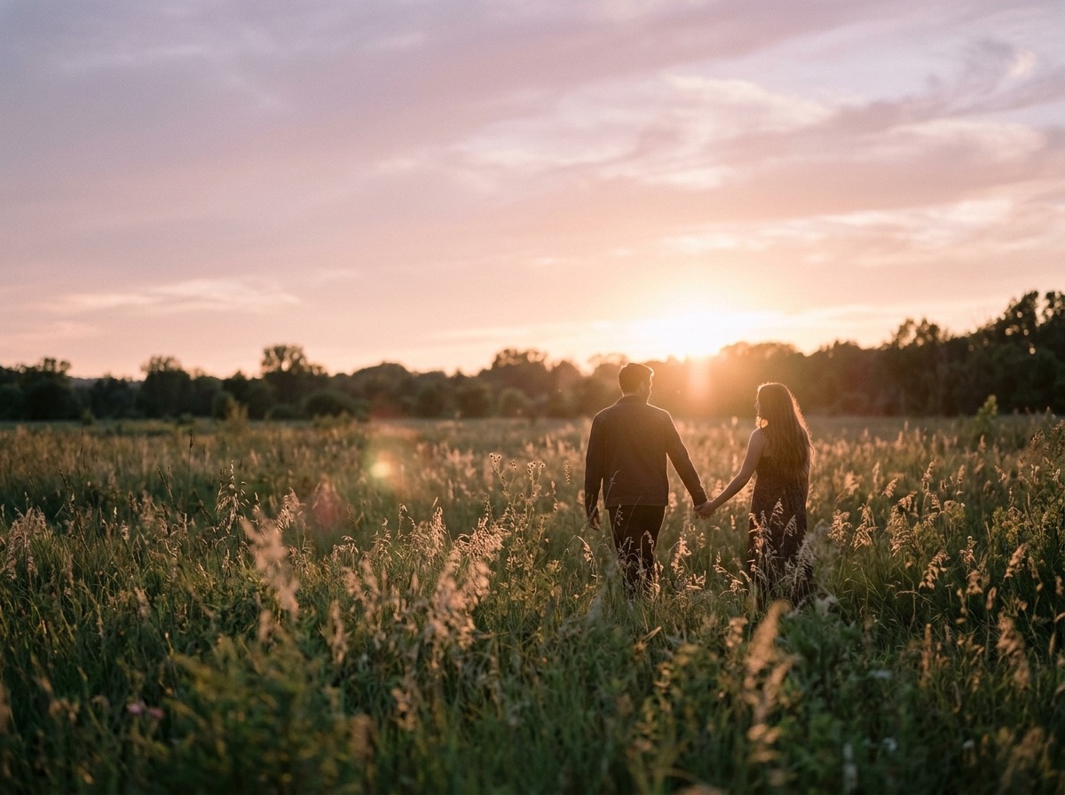 Siluetas de una pareja cogida de la mano en un campo al atardecer