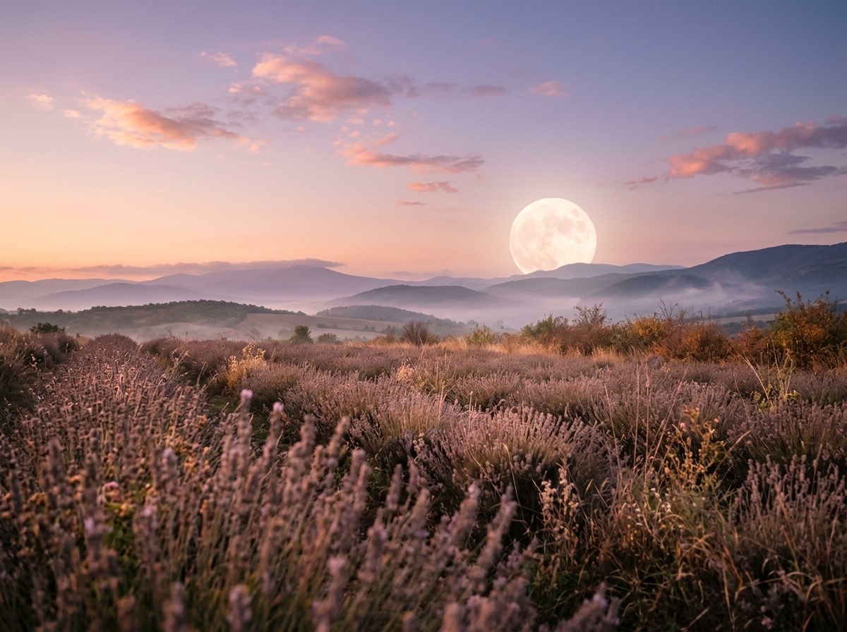 Luna llena sobre un campo de lavanda otoñal al anochecer
