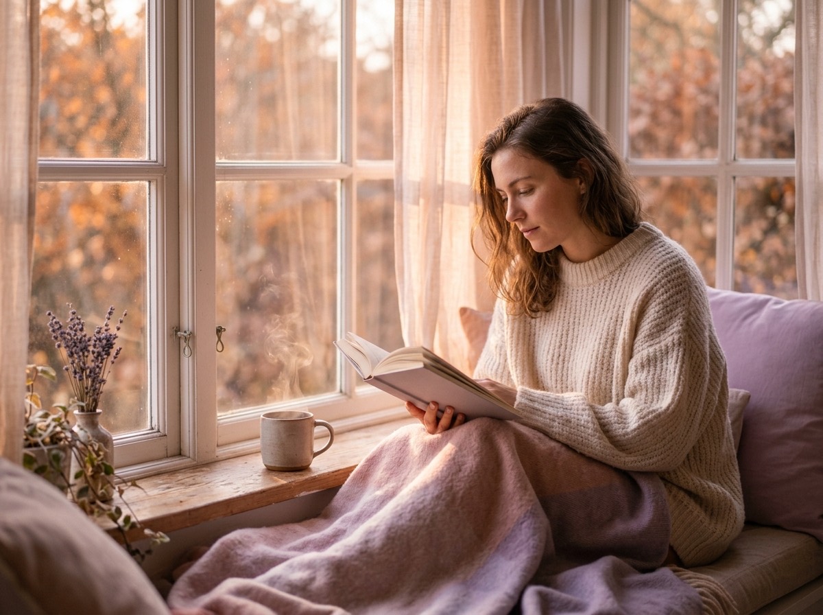 Mujer leyendo junto a la ventana con un jersey de punto en otoño