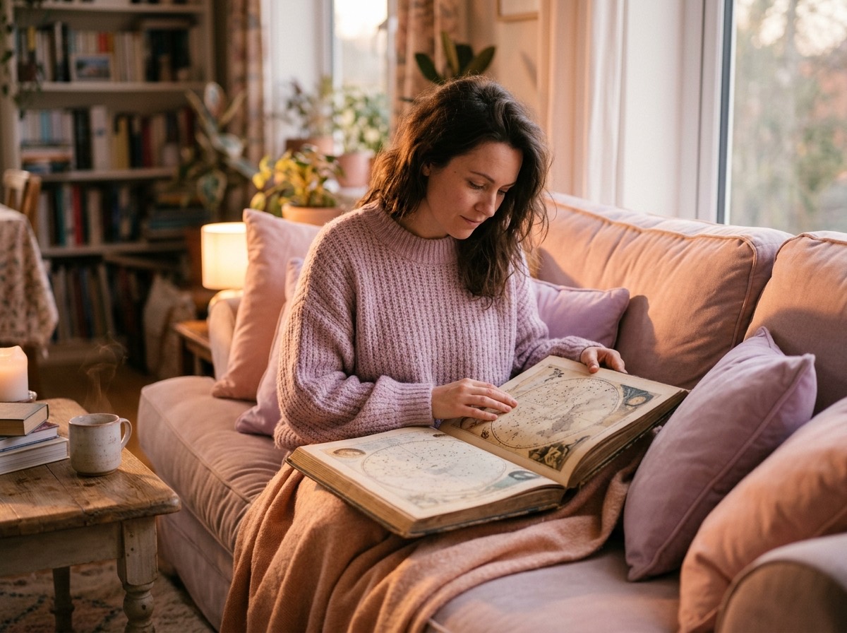 Mujer en un sofá mirando un atlas estelar antiguo al atardecer