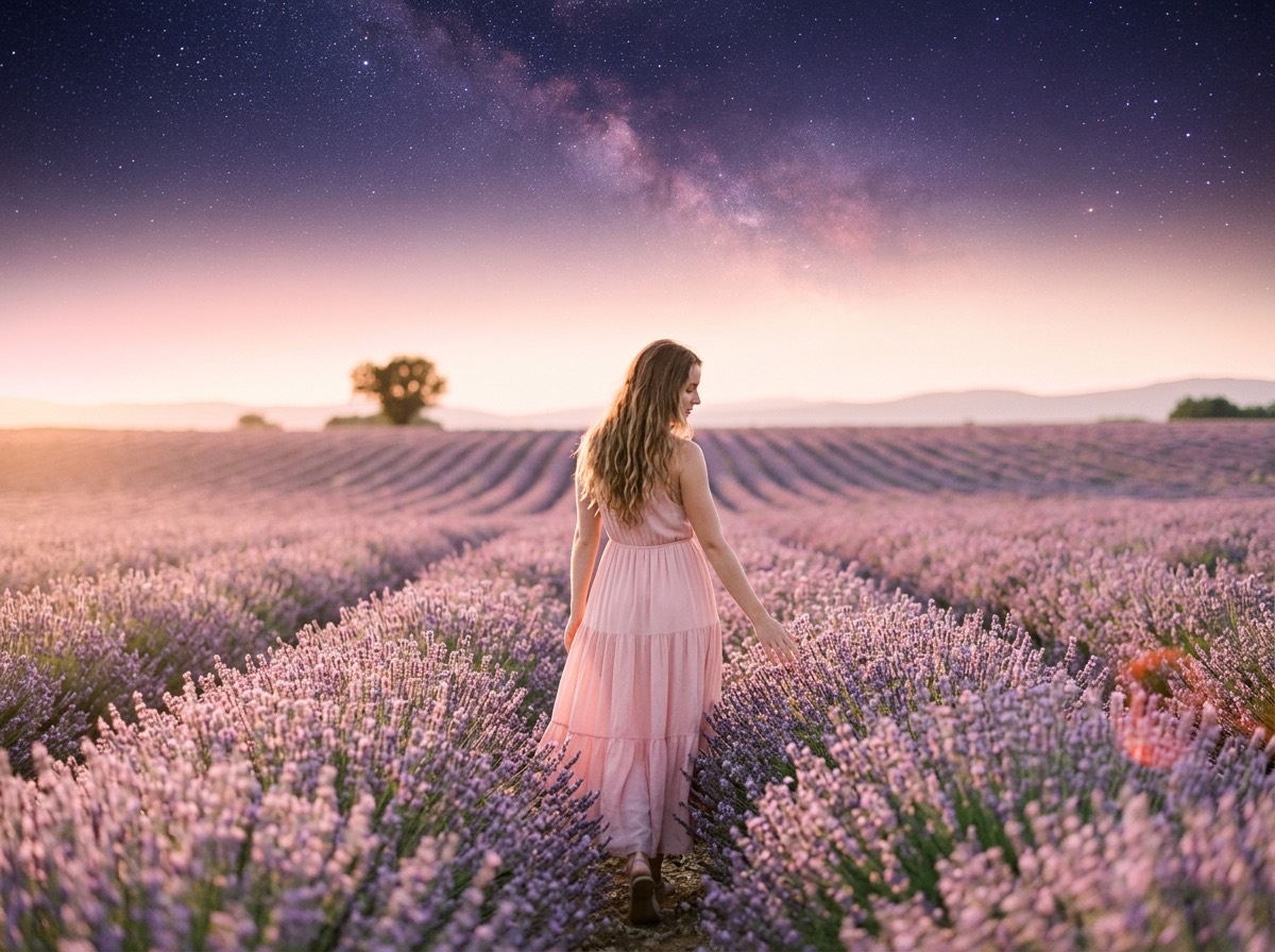 Cielo estrellado con la Vía Láctea sobre un campo de lavanda con resplandor rosa