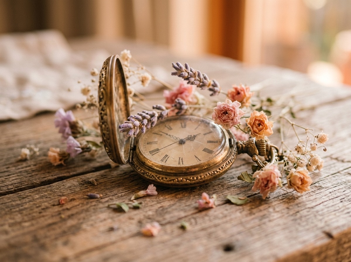 Reloj de bolsillo antiguo con flores secas sobre una superficie de madera