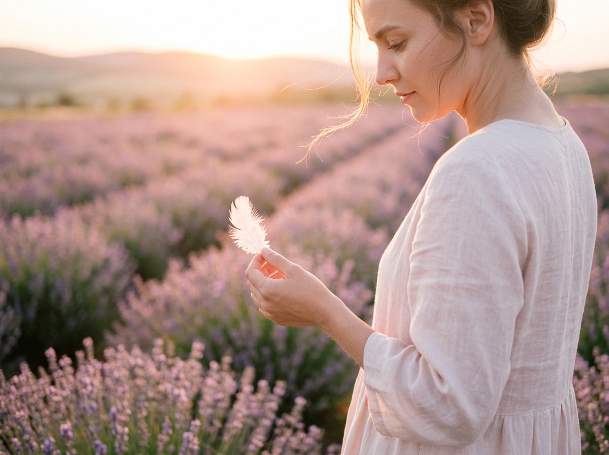 Mujer sosteniendo una pluma blanca en un campo de lavanda al atardecer