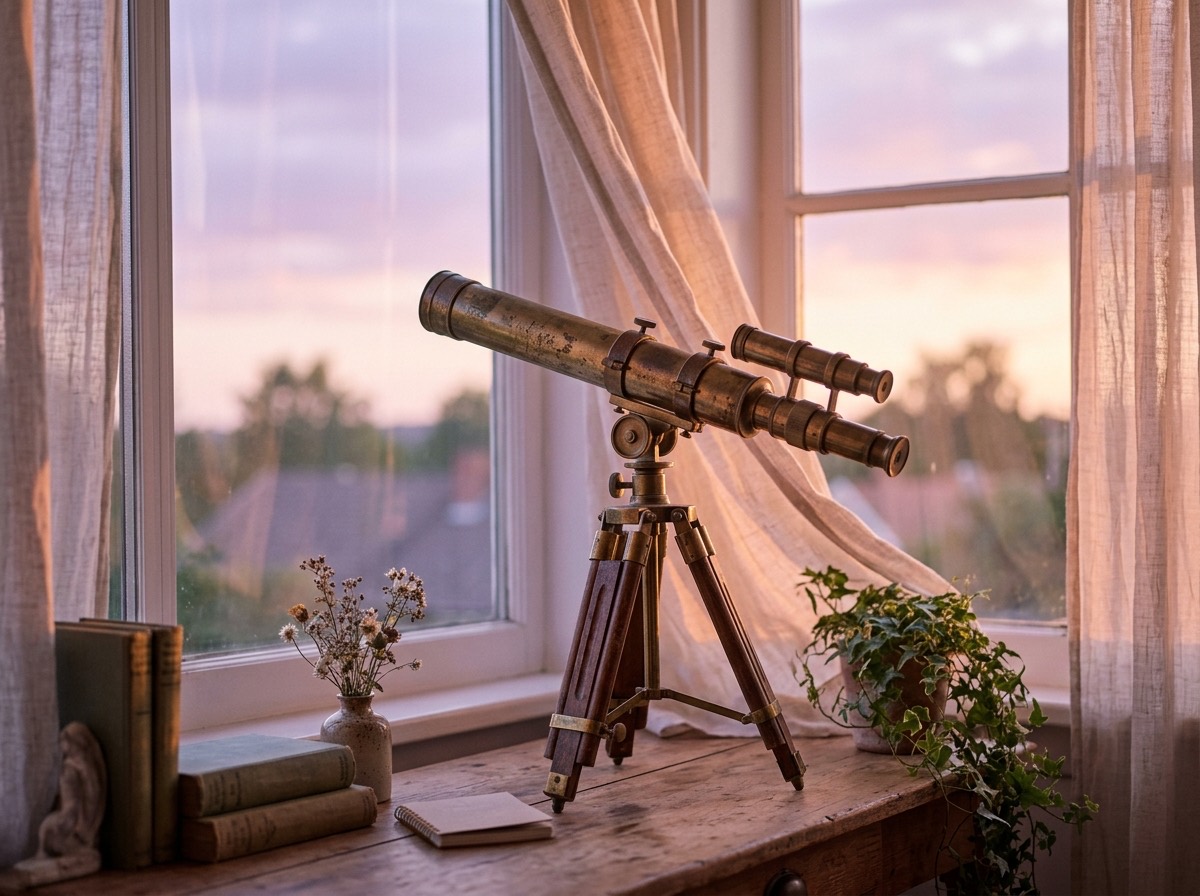 Telescopio de latón antiguo junto a una ventana al anochecer con cielo pastel