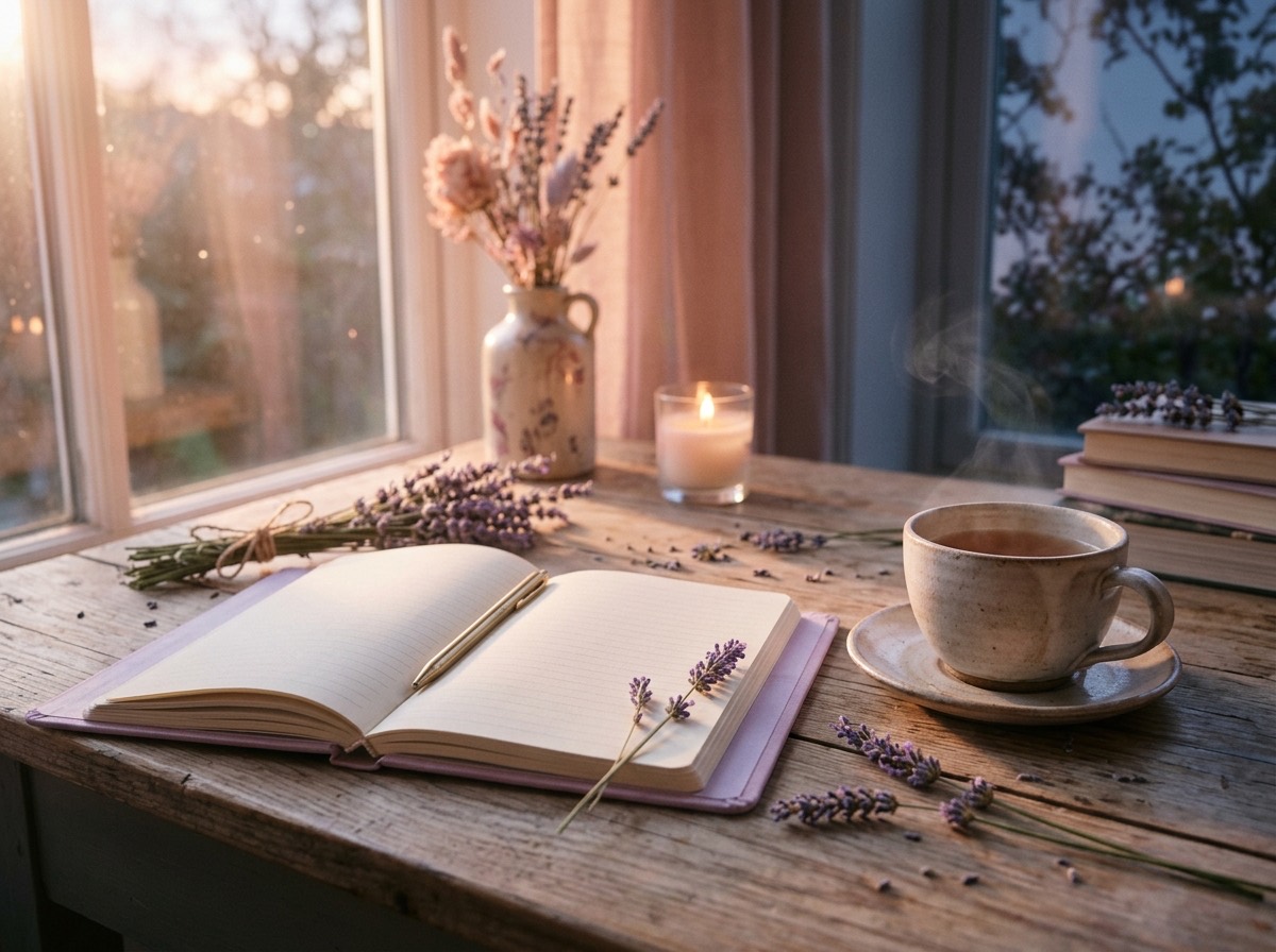 Agenda y taza de té sobre un escritorio al anochecer con ramitas de lavanda