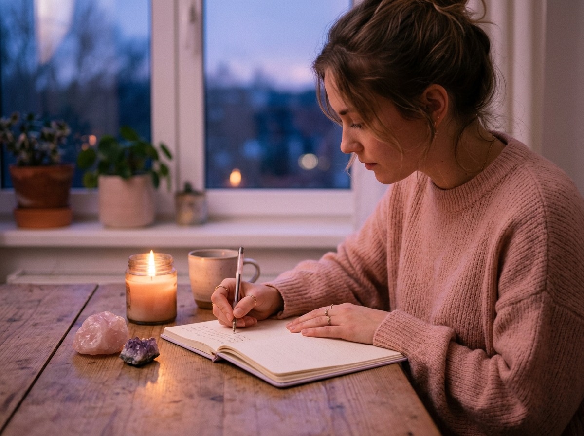 Mujer escribiendo intenciones en un diario a la luz de una vela por la noche