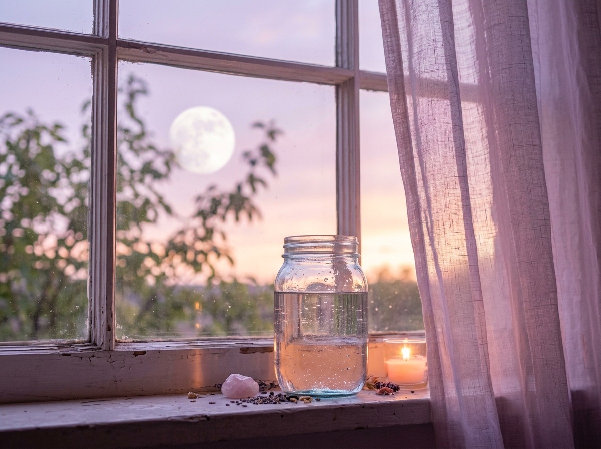 Frasco de agua brillando en un alféizar bajo una luna llena