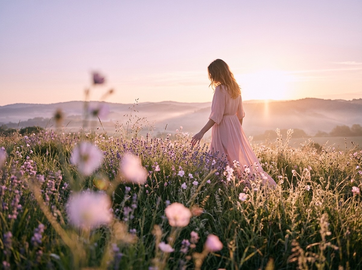 Colina cubierta de hierba al amanecer con luz cálida y flores silvestres
