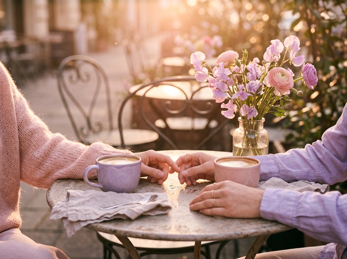 Dos tazas de café y dos manos casi tocándose sobre una mesa con flores rosas