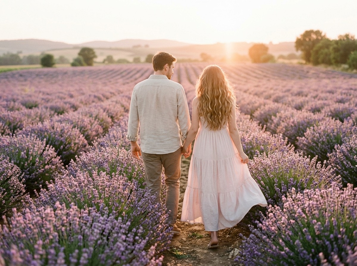 Hombre y mujer paseando juntos por un campo de lavanda a la hora dorada