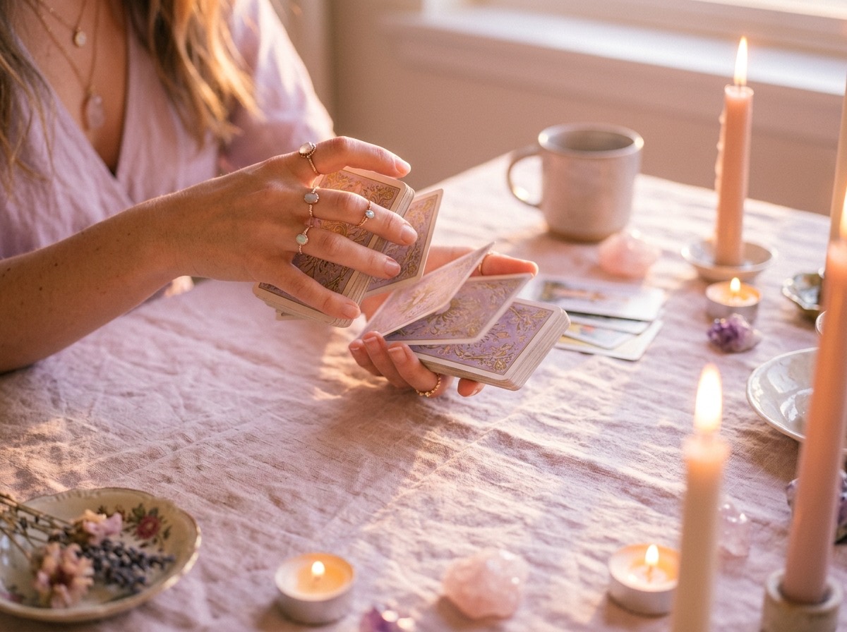 Manos de mujer barajando un mazo de tarot sobre una mesa con velas