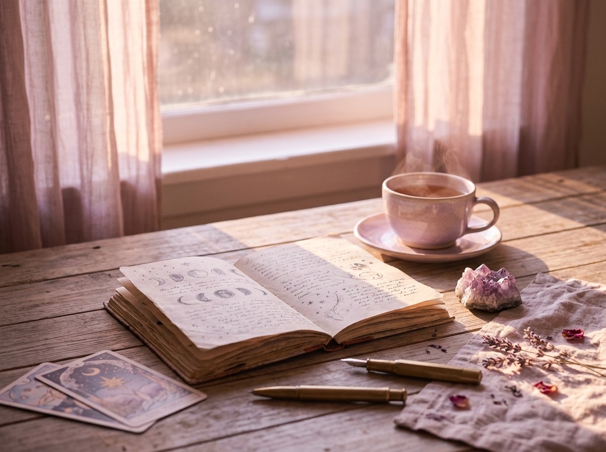Diario de tarot, taza de té y pequeña amatista sobre una mesa junto a la ventana